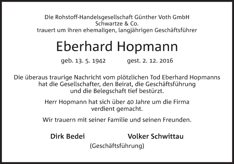  Traueranzeige für Eberhard Hopmann vom 07.12.2016 aus Mindener Tageblatt
