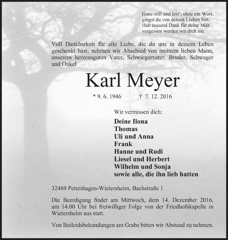  Traueranzeige für Karl Meyer vom 09.12.2016 aus Mindener Tageblatt
