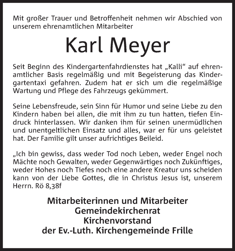  Traueranzeige für Karl Meyer vom 10.12.2016 aus Mindener Tageblatt