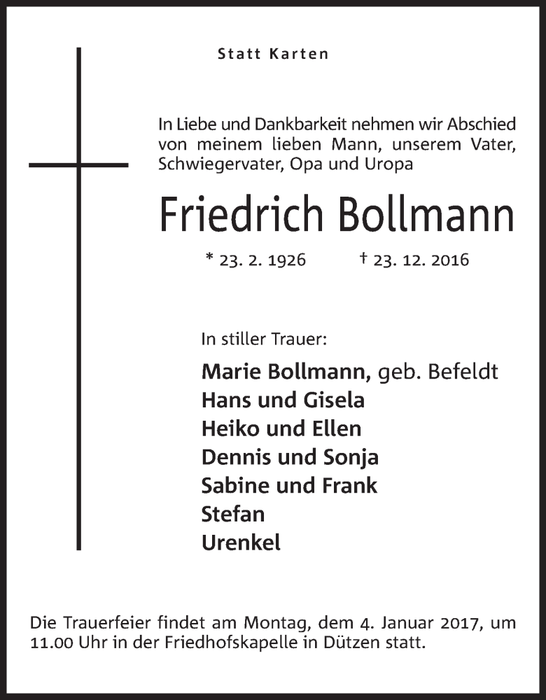  Traueranzeige für Friedrich Bollmann vom 28.12.2016 aus Mindener Tageblatt