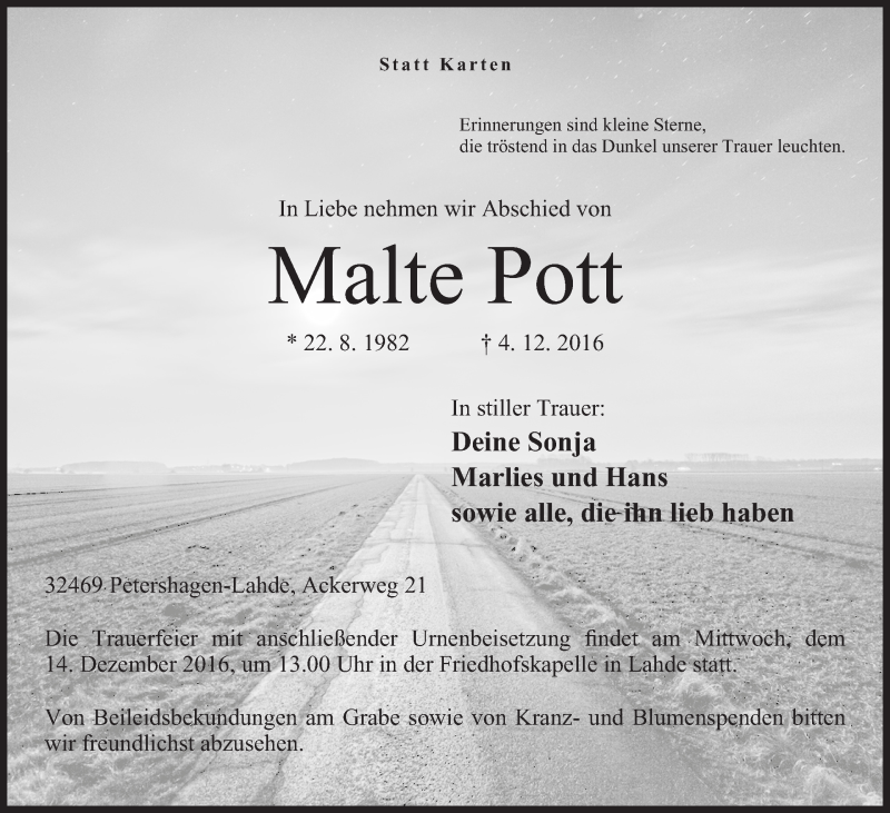 Traueranzeige für Malte Pott vom 09.12.2016 aus Mindener Tageblatt
