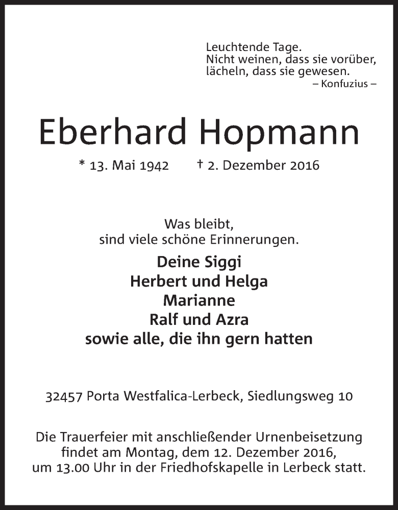  Traueranzeige für Eberhard Hopmann vom 06.12.2016 aus Mindener Tageblatt