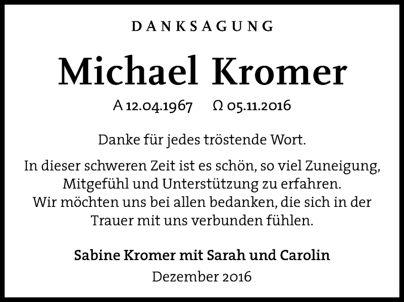  Traueranzeige für Michael Kromer vom 03.12.2016 aus Mindener Tageblatt