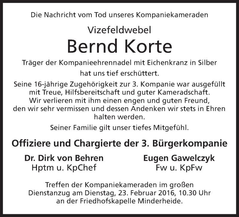  Traueranzeige für Bernd Korte vom 20.02.2016 aus Mindener Tageblatt
