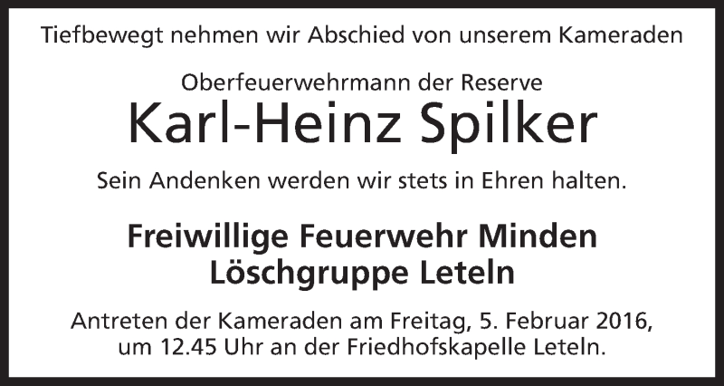  Traueranzeige für Karl-Heinz Spilker vom 01.02.2016 aus Mindener Tageblatt