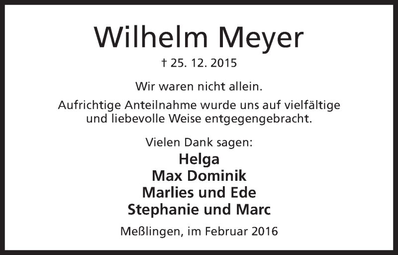  Traueranzeige für Wilhelm Meyer vom 13.02.2016 aus Mindener Tageblatt