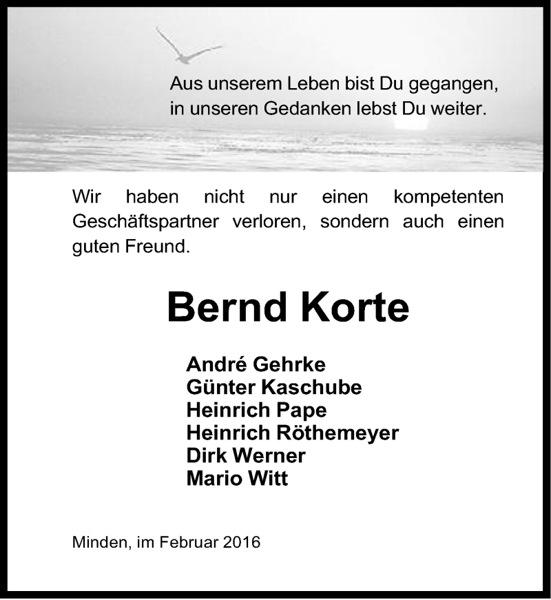  Traueranzeige für Bernd Korte vom 23.02.2016 aus Mindener Tageblatt