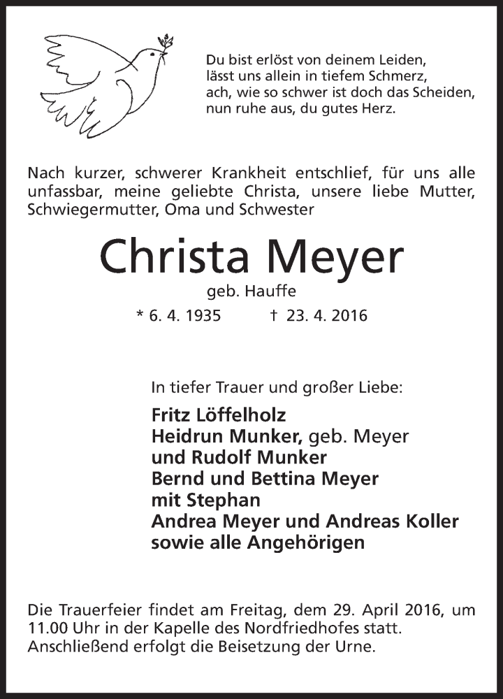  Traueranzeige für Christa Meyer vom 26.04.2016 aus Mindener Tageblatt