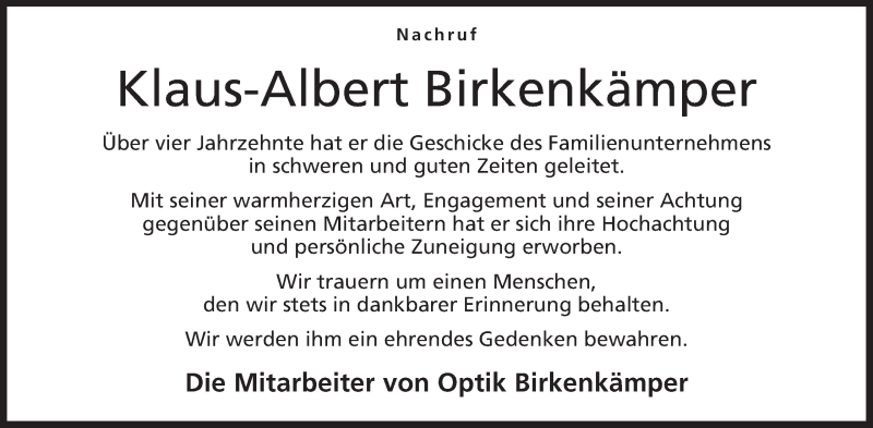  Traueranzeige für Klaus-Albert Birkenkämper vom 21.04.2016 aus Mindener Tageblatt