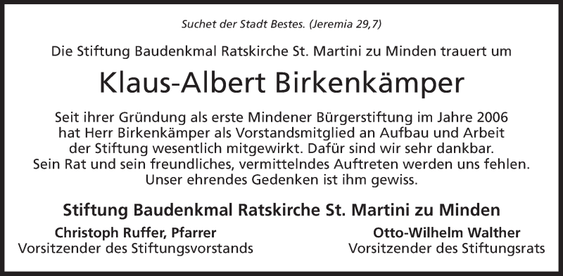  Traueranzeige für Klaus-Albert Birkenkämper vom 23.04.2016 aus Mindener Tageblatt