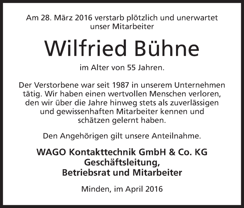  Traueranzeige für Wilfried Bühne vom 12.04.2016 aus Mindener Tageblatt