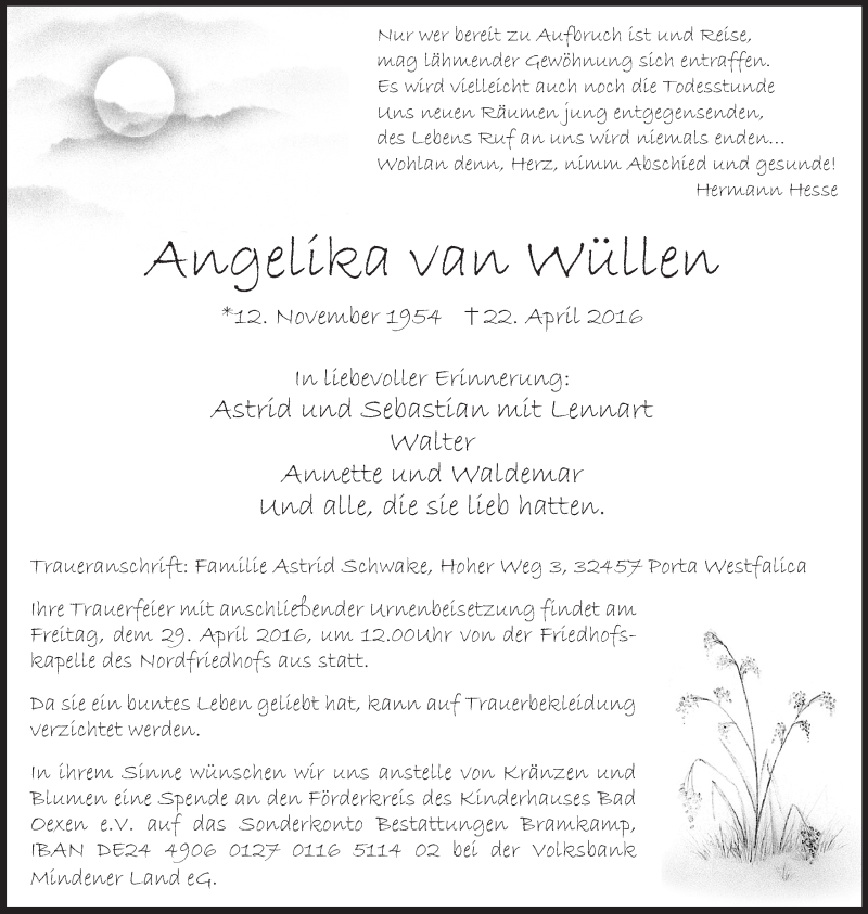  Traueranzeige für Angelika van Wüllen vom 25.04.2016 aus Mindener Tageblatt