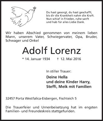 Anzeige von Adolf Lorenz von Mindener Tageblatt