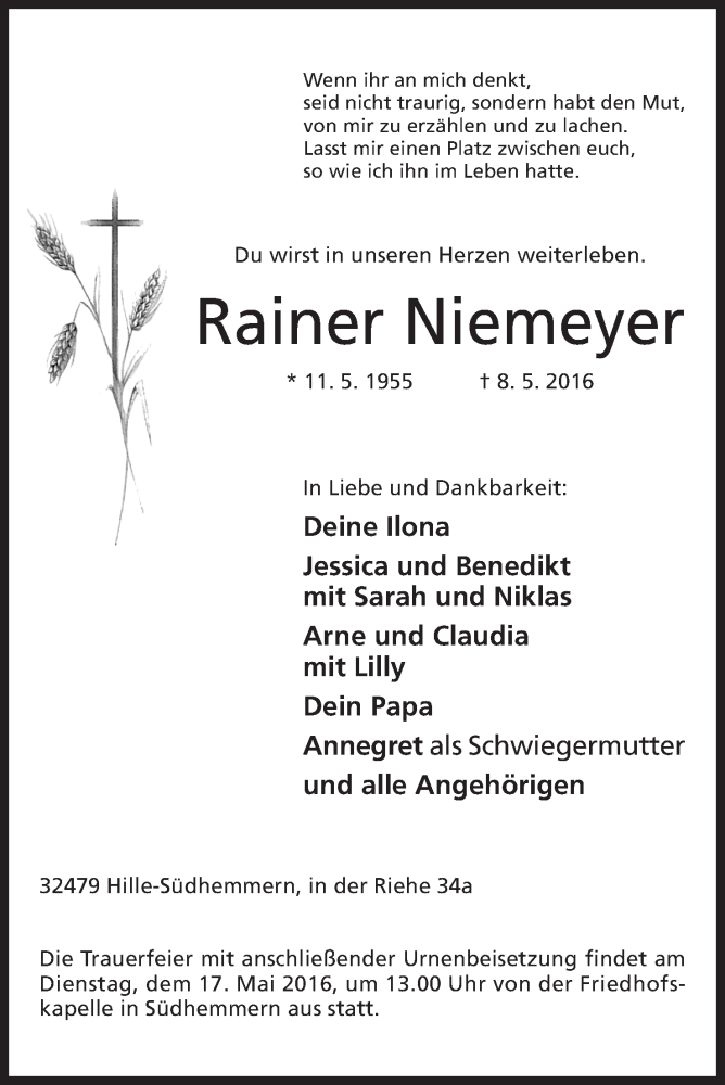  Traueranzeige für Rainer Niemeyer vom 11.05.2016 aus Mindener Tageblatt