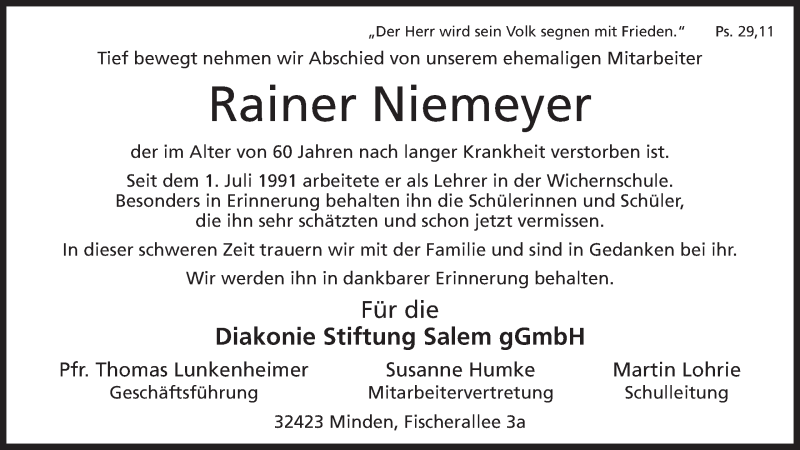  Traueranzeige für Rainer Niemeyer vom 12.05.2016 aus Mindener Tageblatt