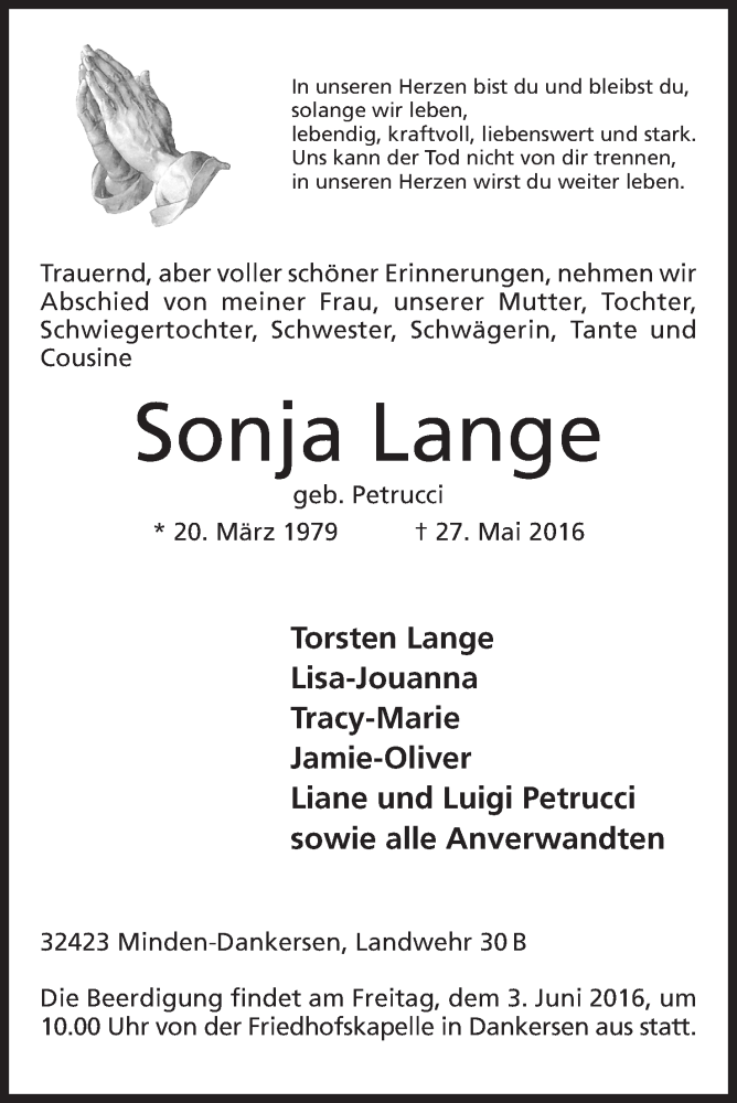  Traueranzeige für Sonja Lange vom 31.05.2016 aus Mindener Tageblatt