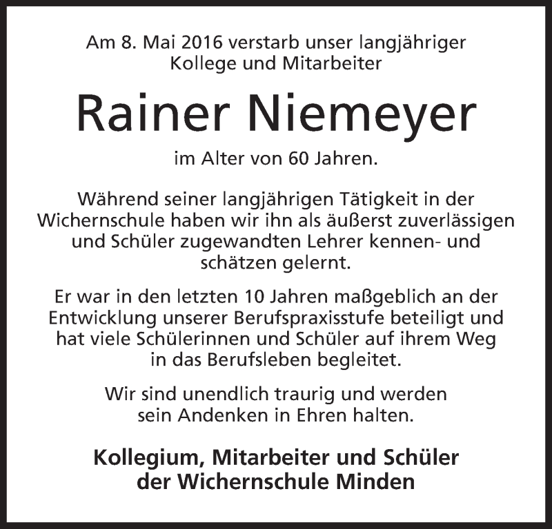  Traueranzeige für Rainer Niemeyer vom 13.05.2016 aus Mindener Tageblatt
