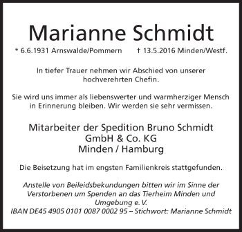 Anzeige von Marianne Schmidt von Mindener Tageblatt