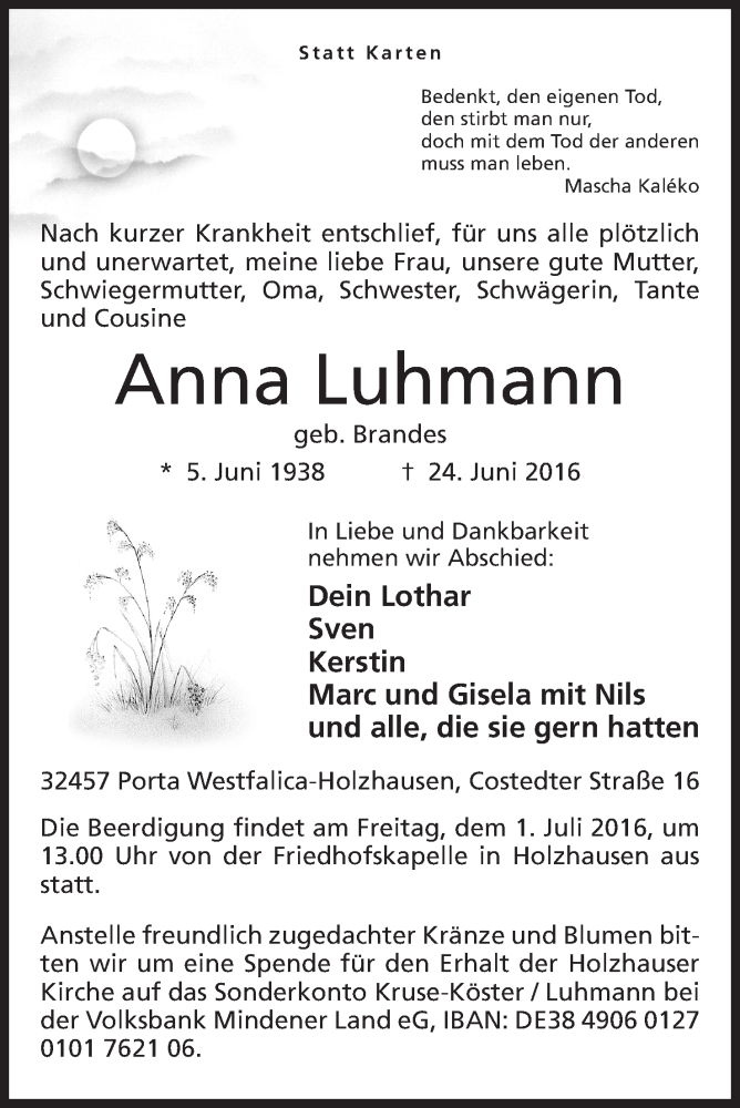  Traueranzeige für Anna Luhmann vom 27.06.2016 aus Mindener Tageblatt