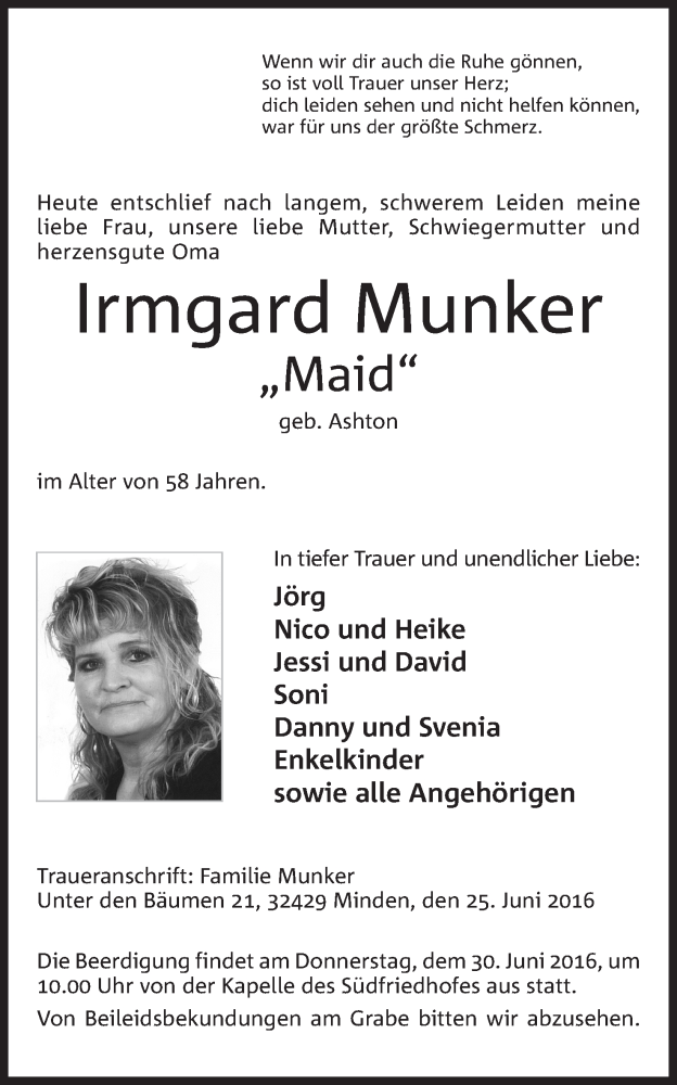  Traueranzeige für Irmgard Munker vom 28.06.2016 aus Mindener Tageblatt