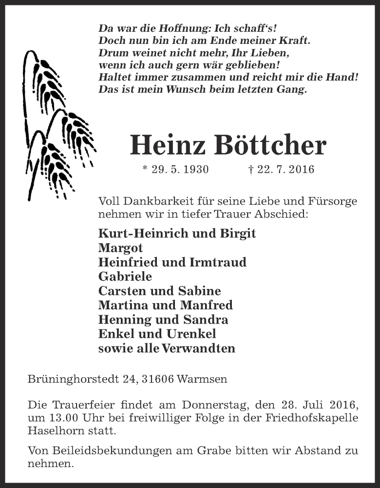  Traueranzeige für Heinz Böttcher vom 26.07.2016 aus Mindener Tageblatt
