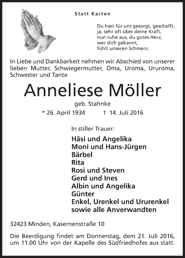  Traueranzeige für Anneliese Möller vom 16.07.2016 aus Mindener Tageblatt