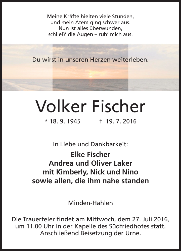  Traueranzeige für Volker Fischer vom 23.07.2016 aus Mindener Tageblatt