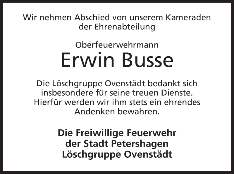  Traueranzeige für Erwin Busse vom 10.08.2016 aus Mindener Tageblatt