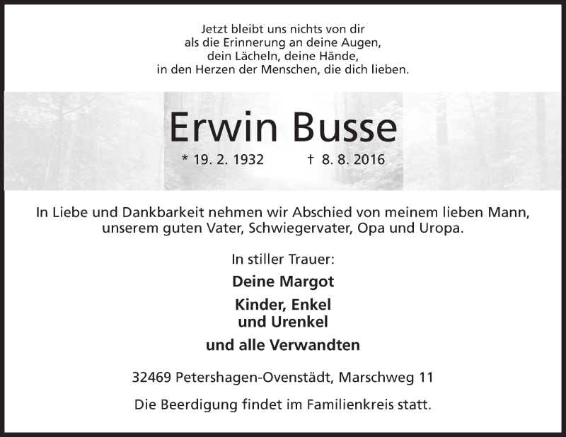  Traueranzeige für Erwin Busse vom 10.08.2016 aus Mindener Tageblatt