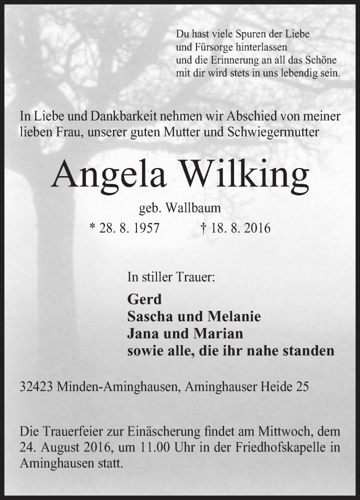  Traueranzeige für Angela Wilking vom 22.08.2016 aus Mindener Tageblatt