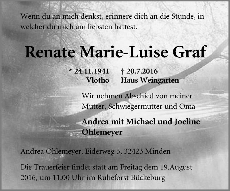 Traueranzeige für Renate Marie-Luise Graf vom 06.08.2016 aus Mindener Tageblatt