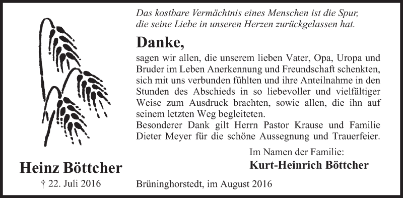  Traueranzeige für Heinz Böttcher vom 20.08.2016 aus Mindener Tageblatt