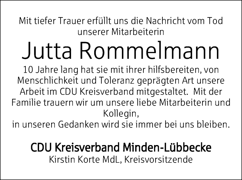  Traueranzeige für Jutta Rommelmann vom 21.09.2016 aus Mindener Tageblatt