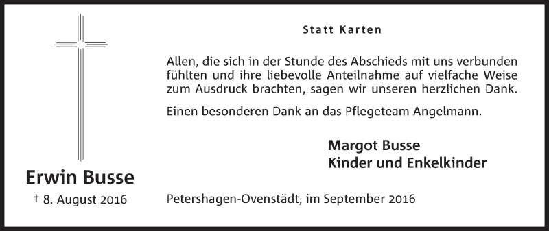 Traueranzeige für Erwin Busse vom 24.09.2016 aus Mindener Tageblatt
