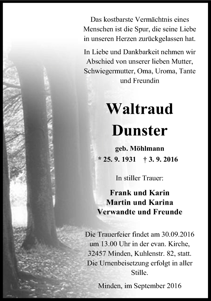  Traueranzeige für Waltraud Dunster vom 10.09.2016 aus Mindener Tageblatt
