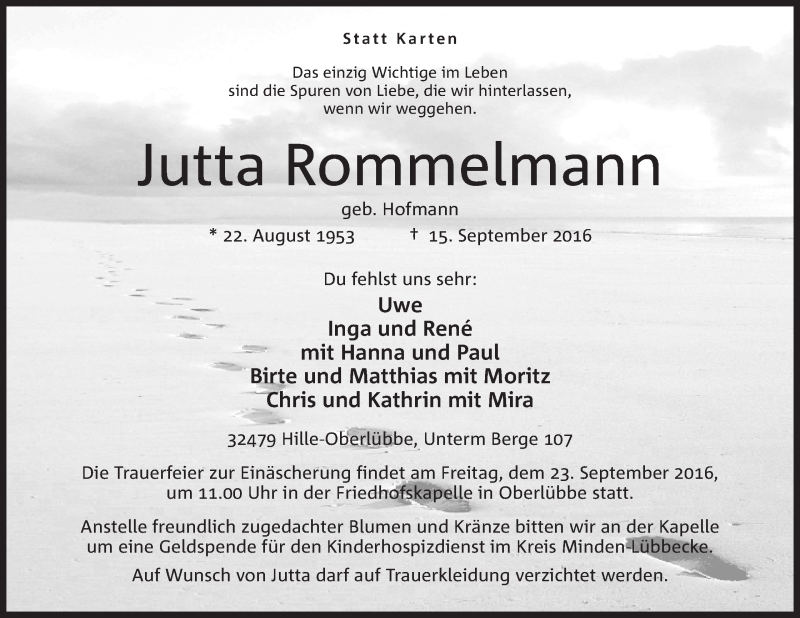  Traueranzeige für Jutta Rommelmann vom 17.09.2016 aus Mindener Tageblatt