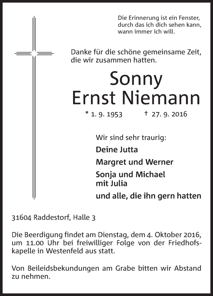  Traueranzeige für Ernst Niemann vom 29.09.2016 aus Mindener Tageblatt