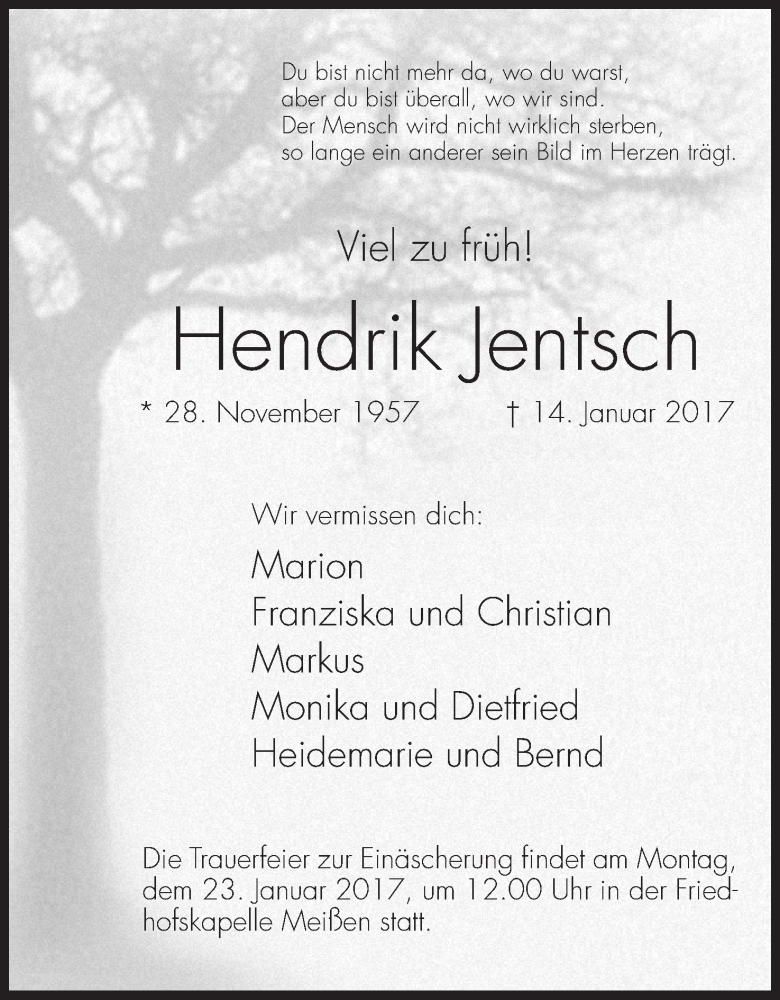  Traueranzeige für Hendrik Jentsch vom 18.01.2017 aus Mindener Tageblatt