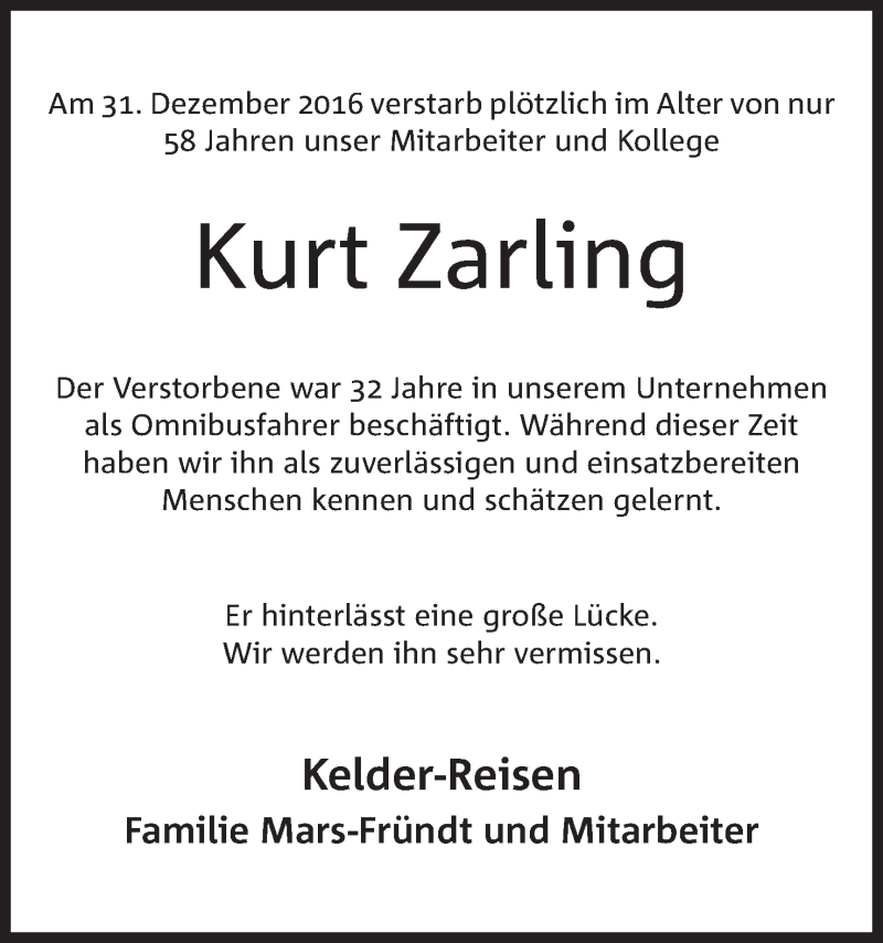  Traueranzeige für Kurt Zarling vom 03.01.2017 aus Mindener Tageblatt
