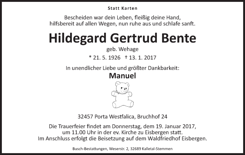  Traueranzeige für Hildegard Gertrud Bente vom 17.01.2017 aus Mindener Tageblatt