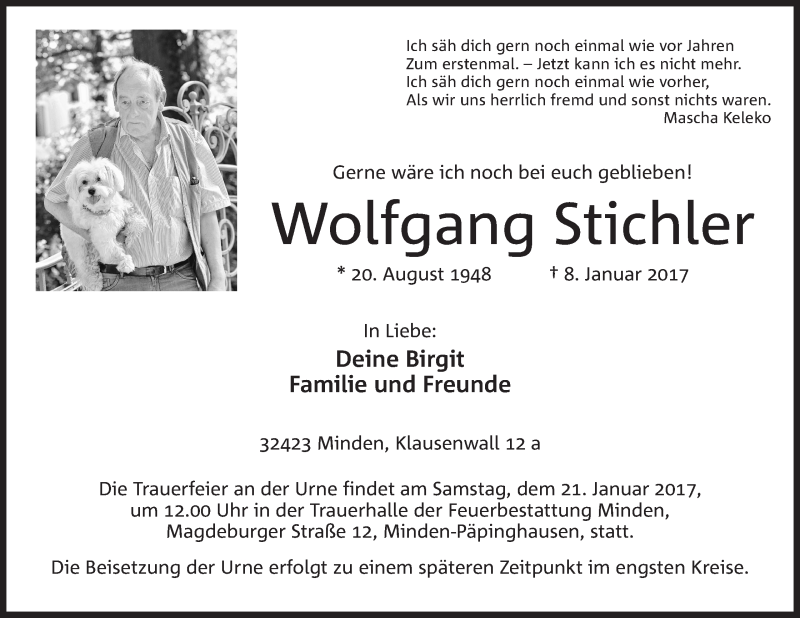  Traueranzeige für Wolfgang Stichler vom 14.01.2017 aus Mindener Tageblatt