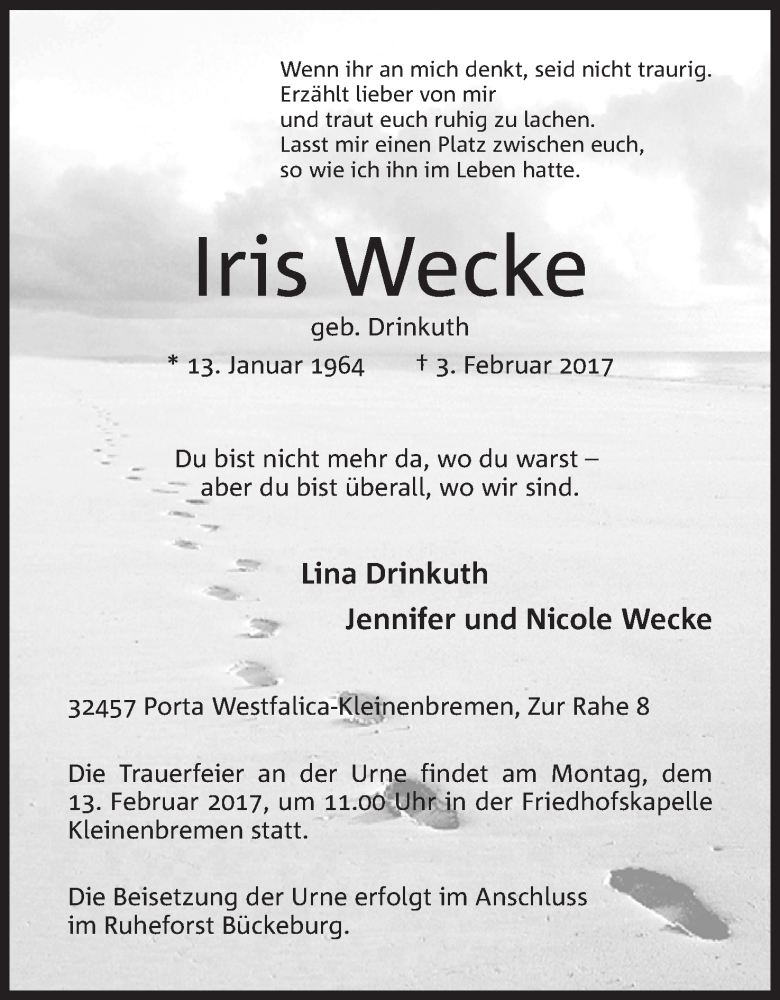  Traueranzeige für Iris Wecke vom 09.02.2017 aus Mindener Tageblatt