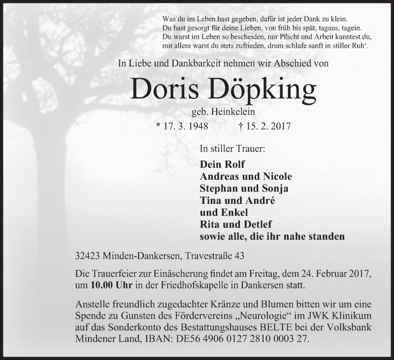  Traueranzeige für Doris Döpking vom 20.02.2017 aus Mindener Tageblatt