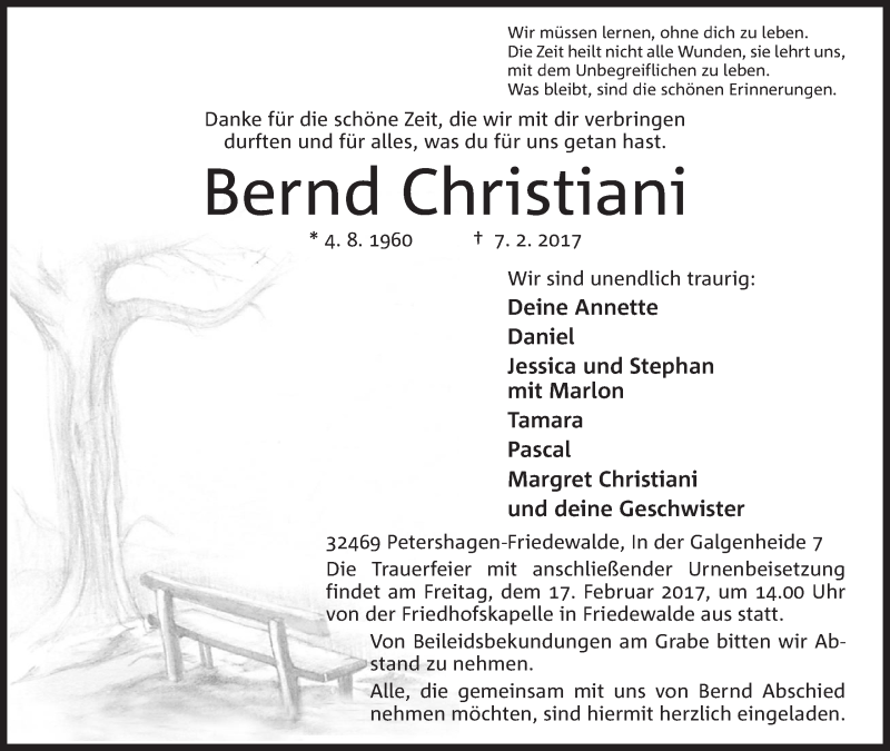  Traueranzeige für Bernd Christiani vom 11.02.2017 aus Mindener Tageblatt