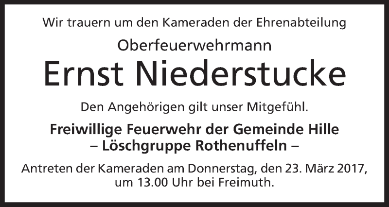  Traueranzeige für Ernst Niederstucke vom 20.03.2017 aus Mindener Tageblatt