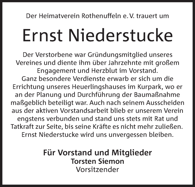  Traueranzeige für Ernst Niederstucke vom 21.03.2017 aus Mindener Tageblatt
