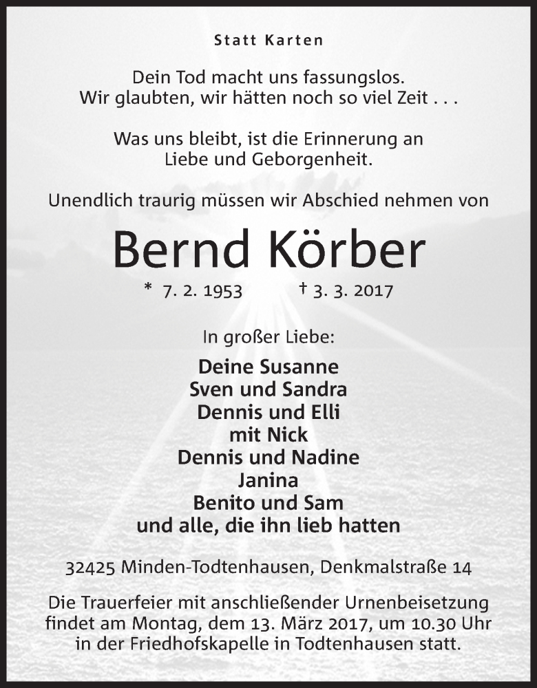  Traueranzeige für Bernd Körber vom 07.03.2017 aus Mindener Tageblatt