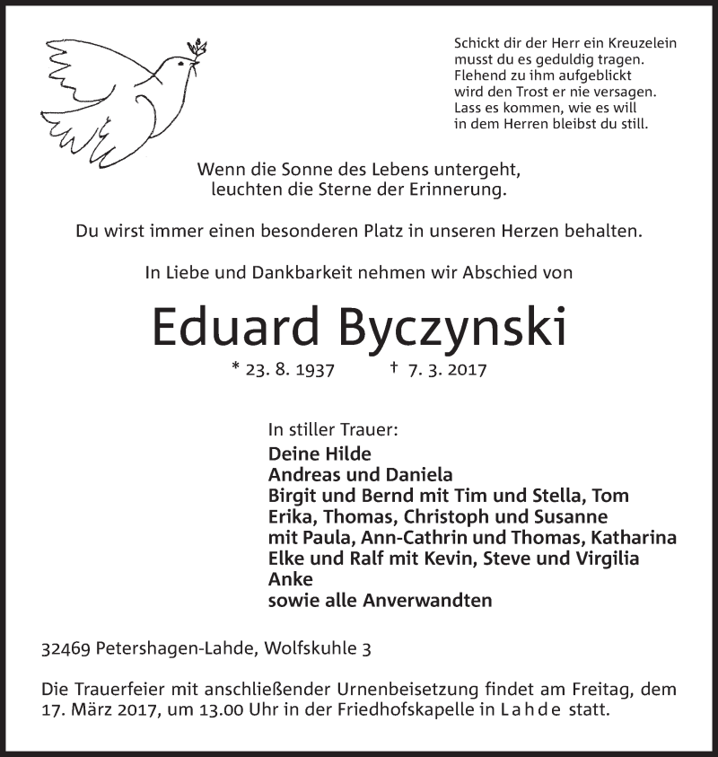 Traueranzeige für Eduard Byczynski vom 11.03.2017 aus Mindener Tageblatt