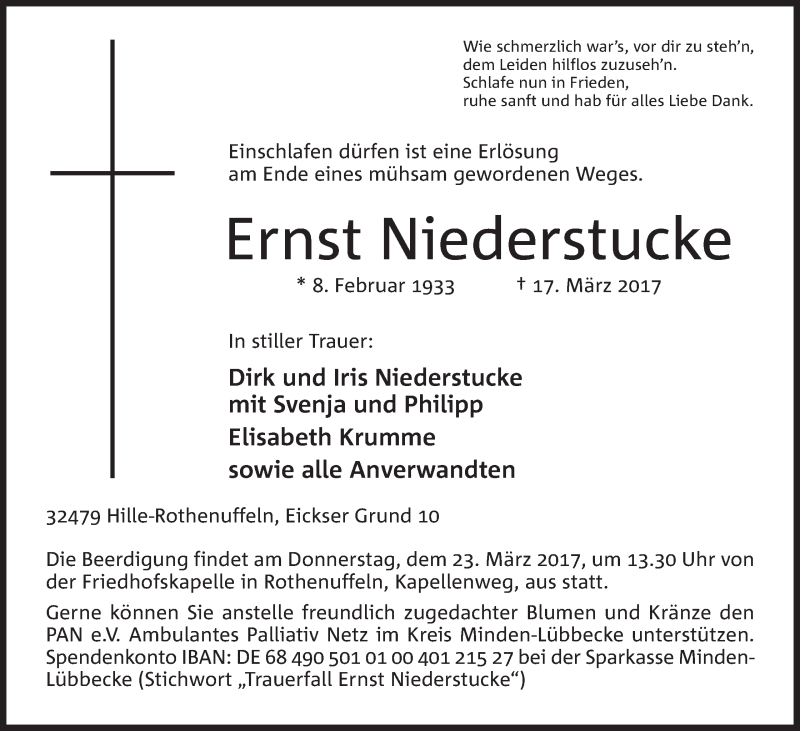  Traueranzeige für Ernst Niederstucke vom 18.03.2017 aus Mindener Tageblatt