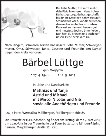 Anzeige von Bärbel Lüttge von Mindener Tageblatt